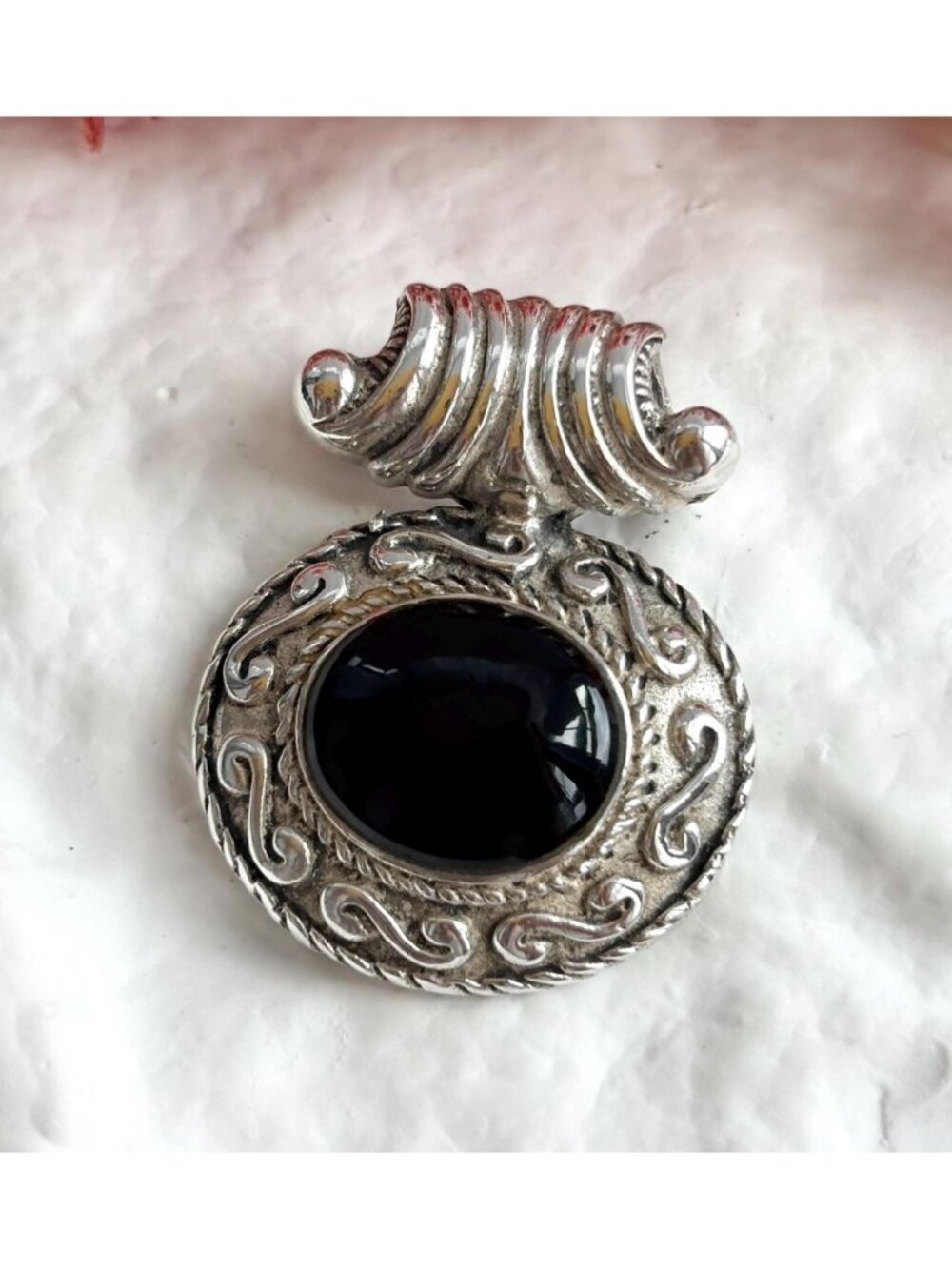 Black Onyx Ornate Frame Sterling Silver 925 Vintage Pendant | Charm